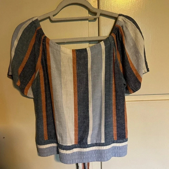 Drew Anthropologie Stripe Linen Cropped Tie Top Size Medium - Picture 7 of 11